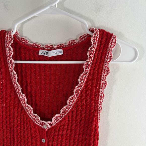 Zara Red White Pointelle Knit Scallop Hem Mini Dress Small Blogger Favorite - Picture 13 of 15
